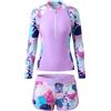 Keyck Costume da Bagno Ragazze 2 Pezzi a Manica Lunga con Zip e Pantaloncini Morbidi, Stampa Floreale Rash Guard Protezione Solare Costume Piscina Spiaggia Nuoto per Bambini 5-6 Anni, Viola