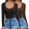 Ekouaer Maglia Termica Donna Maglietta Manica Lunga Invernale Slim T Shirt Basic Top con Scollo Quadrato Camicette, Nero+Marrone, XXL