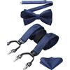 HISDERN Bretelle da Uomo Blu Navy Paisley Eleganti Regolabile 6 Clips di e Forma a Y Elastica Bretelle Papillon e Fazzoletto da Taschino Set da Uomo