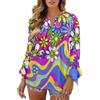 Chririnla Camicia da donna con bottoni, elegante, casual, a maniche lunghe, con maniche a sbuffo, scollo a V, camicetta da lavoro, vestiti autunnali, Fiore Hippie retrò anni '70, L