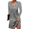 shownicer Vestito Donna Eleganti Manica Lunga Paillettes Brillante Abito Casuale Tinta Unita Scollo A V Midi Abiti da Sera Festa Cocktail A Argento M