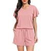 Lovasy Pigiama Donna Cotone Estiva Ruffle Maniche Pigiami Set Corta Scollo a V e Maniche Corte 2 Pezzi Pigiama da Casa Leggero T-Shirt Pigiama