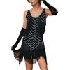 Fulidngzg Vestito Charleston Donna Elegante con Paillettes e Frange Abiti da Cerimoni Anni 20 Taglie Forti Vestiti da Ballo Latino Americano Curvy per del Ventre Cocktail Cerimonia Sera,Nero,XL