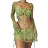 ORANDESIGNE Gonna Set in Maglia di Donne in Paillettes 2 Pezzi Scintillanti Scava Fuori Manica Lunga Crop Top Mini Abiti Sexy Y2K Gonna Copricostume da Spiaggia A Verde XS