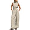 Generico Tuta da Donna Elegante Senza Maniche Girocollo Jumpsuit Pantaloni a Gamba Larga Tinta Unita Playsuit