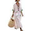 Generico Abito Donna Estivo Lungo Kaftano Elegante in Lino, Vestito Maxi Boho Chic con Scollo a V e Tasche, Abbigliamento Mare Spiaggia e Vacanza, Taglio Morbido Oversize Traspirante e Comodo