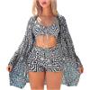 ThiCc Set bikini da donna, 3 pezzi, con stampa scozzese vintage, a maniche lunghe, kimono, copricostume corto, costume da bagno hawaiano, abbigliamento da spiaggia, taglie forti S-4XL, Nero , M