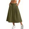 GRECERELLE Gonna lunga estiva da donna, casual, maxi gonna cargo tinta unita, elastica, a vita alta, linea A, abito con tasche, per donna UK, Verde militare, S