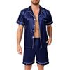 Lovasy Pigiama Uomo in Raso Estivo con Bottoni Davanti Pigiami Set Corta Scollo a V e Maniche Corte 2 Pezzi Seta Pigiama da Casa Leggero T-Shirt,A-Blu,M