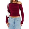 ORANDESIGNE Crop Top Sexy Donna Ragazza Maglietta con Maniche Lunghe Donna Top Corto Aderente Monospalla Shirt Corto Sexy Donna Tinta Unita Casual Discoteca A Vino Rosso XS