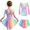 Arshiner Abbigliamento da Balletto per Ragazze Stelle Arcobaleno Abito da Balletto a Maniche Lunghe Abito da Ballo in Cotone per Bambini in Due Pezzi Body da Ballo con Tutu 2-3 Anni