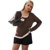 Movocaty Maglietta Donna Finto Due Pezzi Manica Lunga - Rosso Ruggine & Bianco Maglietta di Moda Finto Due Pezzi, Top Casual a Collo Rotondo, Comoda ed Elastica con Stile Unico