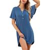 Wikoan Camicia da Notte Donna,Corto Vestito da Notte a Manica con Bottoni,Notte Donna con Tasche,Blu Coblat,S