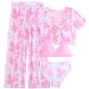 Generic Costume da bagno per bambine e ragazze, 4 pezzi, stampa con alberi tropicali, costume da bagno e pantaloni copricostume da bagno bohémien, per spiaggia, piscina, vacanze, rosa, 11-12 Anni