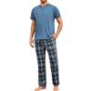 Aseniza Pigiama Uomo Top Girocollo a Maniche Corte e Pantaloni Lunghi a Quadri Pigiama da Due Pezzi Abbigliamento da Casa Comodo Blu XL