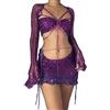 ORANDESIGNE Gonna Set in Maglia di Donne in Paillettes 2 Pezzi Scintillanti Scava Fuori Manica Lunga Crop Top Mini Gonna Abiti Sexy Y2K Gonna Copricostume da Spiaggia A Viola Scuro M