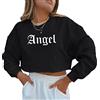 ORANDESIGNE Felpa Corte con Cappuccio con Stampa da Donna Ragazza Sweatshirt Manica Lunga Y2K E-Girl Pullover Casual Harajuku Streetwear Crop Top T-Shirt Sportiva J Nero S