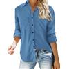 Feziakuk Camicia da donna in lino, con bottoni, in cotone, a maniche lunghe, con tasca sul petto, Azzurro, L