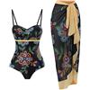 YAOTT Costume da Bagno Donna 1 Pezzi Costumi da Bagno Interi Imbottiti +1 Pezzi Pareo Mare Sarong Copricostume Gonna Scollo a V Costumi Interi Donna One Piece Bikini Monokini con Stampa Vintage StileW L