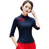 YLfly Camicia Cinese con Collo Mandarino Tang Qipao, Top Tradizionale in Stile Blusa Donna Tinta Unita Semplice, Marina Militare, 42