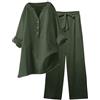 Generico Tuta Lino Donna Estiva Elegante Coordinato Larghi Camicia + Pantaloni Leggera Cotone E Lino Estivo Tute Da Ginnastica Primavera Curvy Set Due Pezzi Maniche 3/4 Jogging Traspirante Set Spiaggia