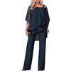 shownicer Completo Donna 2 Pezzi Set Vita Alta Pantalone e Tulle Camicia Elegante Completino Suit Due Pezzi Set Abbigliamento da Cerimonia Estivo Tuta per Ufficio Business OL B Blu Scuro XXL