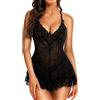 RSLOVE Lingerie per Donna Babydoll in Pizzo Camicia da Notte Sexy in Maglia Chemise con Scollo a V Abito da Notte
