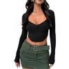 Rongseng Donna Maglietta a Maniche Lunghe Y2k Crop Top Sexy Slim T Shirt con Colletto a Cuore Camicette Eleganti Elasticizzato Cropped Knit Tops Carini Pullover Moda Casual Club Streetwear
