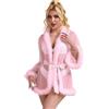 sunshinelady Vestaglia Corta Sexy da Donna con Bordi in Pile Rete Kimono Accappatoio Camicia da Notte Lingerie Babydoll Maniche Lunghe Trasparente Leggero Taglie Forti Rosa XS-S