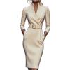 ORANDESIGNE Vestito da Lavoro da Donna Eleganti Vestiti Formali con Scollo a V Abito Tubino Curvy a Maniche Lunghe con Tasche Abito da Sera A Beige S