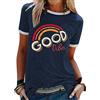 WIEIYM Women's T-Shirts Short Sleeve Round Neck T Shirt Rainbow Graphic Summer Tee Shirts Ladies Casual Tee Tops with Good Vibes Letter Printed S-XXL
