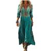 Generico Vestito Lungo Donna Boho Chic Abito Maxi Elegante in Lino e Cotone Scollo a V Manica 3/4 Vintage Etnico con Tasche per Mare Spiaggia Vacanza Taglie Forti Comodo Moda 2026