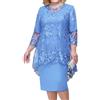 shownicer Vestito Due Pezzi Donna Elegante Ricami Pizzo Vestiti Manica 3/4 Taglie Forti Vestito da Sera Cerimonia Cocktail Abiti al Ginocchio A Azzurro 5XL