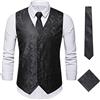 Oanviso Gilet da Suit da Uomo Classico Paisley Jacquard Panciotto Slim Fit Monopetto Gilet 3 Pezzi Gilet Set (Gilet da Abito+Cravatta/Papillon+Fazzoletto) Elegante Formale Gilet A Nero XXL