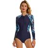 Beachkini Costume Intero da Donna Costume da Bagno a Maniche Lunghe con Zip Frontale Costume da Bagno a Triangolo,Motivo blu1,L