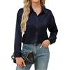 Stamain Camicia Elegante Blusa Donna Button Down di Raso Bottoni Camicetta Maniche Lunghe con Scollo a V Top Aderente in Tinta Unita Blu Navy S