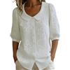 shownicer Camicia Donna Estiva Elegante Blusa in Cotone e Lino con Colletto a Mezza Manica a Sbuffo Polsino Abbottonato Camicetta A Bianco XL