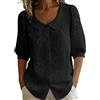 shownicer Camicia Donna Estiva Elegante Blusa in Cotone e Lino con Colletto a Mezza Manica a Sbuffo Polsino Abbottonato Camicetta A Nero XL