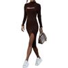 Onsoyours Vestito Casual Donna Invernale in Maglione Abito con Spacco Vita Alta Elegante in Collo Alto Cut out Abito in Maglia Midi di Moda a Costine A Marrone XS