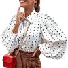 Onsoyours Camicia Donna Elegante Chiffon Blusa a Pois Bavero Maniche a Sbuffo Camicetta da Ufficio Casual Maglietta Top a Manica Lunga Bianco XXL