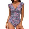 FemiChic Costume Intero Donna Contenitivo Costumi da Bagno Interi Scollo a V Curvy Swimsuit con Volant Pancia Piatta Spiaggia Beachwear(Blu Cielo Stampato,M)