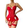 BEINF Completo Intimo Donna Set di Lingerie Donna Sexy Floreale Pizzo Body con Giarrettiera V Neck Bow Front Babydoll Underwire con Calze 3 Pezzi Rosso L