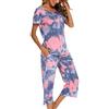 ENJOYNIGHT Pigiama da Donna in Cotone, Set Estivo, a Maniche Corte, con Camicia e Pantaloni Capri Lunghi 3/4, Biancheria da Notte, blu rosa, L