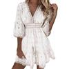 Generic Abito sportivo da donna primavera ed estate pizzo patchwork floreale sexy scollo a V, maniche svasate, abito da vacanza, Wh1, S