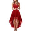 Duohropke Abito da cocktail da donna, elegante, lungo, senza maniche, in pizzo, a vita alta, slim fit, in chiffon, curvy swing, per feste, maxi abito da damigella d'onore, Colore: rosso, M
