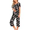 ENJOYNIGHT Pigiama da Donna Corto Set di Pigiama in Cotone Biancheria da Notte Top a Maniche Corte e Pantaloni Lunghi 3/4 Casacca Estiva Abbigliamento da Notte, Fiori neri, L