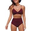 NLAND Costume da Bagno Donna Due Pezzi a Vita Alta Increspato Scollo a V Sexy Bikini Set Costumi Mare Halter Push Up Imbottito Beachwear