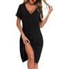 Lovasy Camicia da Notte Donna Manica Corta Sexy Abito da Notte Estiva con Bottoni Un Pezzo Pigiama Curvy Premaman Allattamento con Tasche