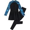 Odizli Costume da bagno modesto da donna con stampa tropicale a maniche lunghe con cerniera + pantaloni da bagno a corpo intero burkini, Nero , S