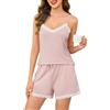 Sopesil Pigiami Corti da Donna Set in Fibra di Modal, Canotta Scollo V con Pizzo a Fiori + Pantaloncini, Completo a 2 Pezzi per L'Estate, Pigiami da Notte Sexy e Comodi Rosa, XL
